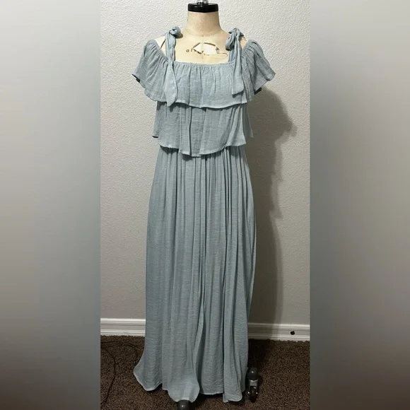FLAWLESS MAXI DRESS. Tie straps w/off shoulder ruffle. Pale Blue. Size M. - Picture 1 of 7